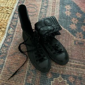 Super high top black on black leather converse